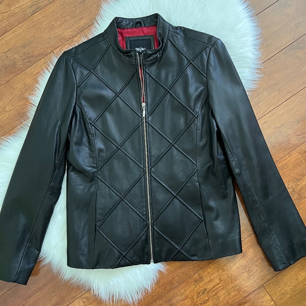 Vintage Mossimo Black Genuine Leather Jacket with Trellis Design